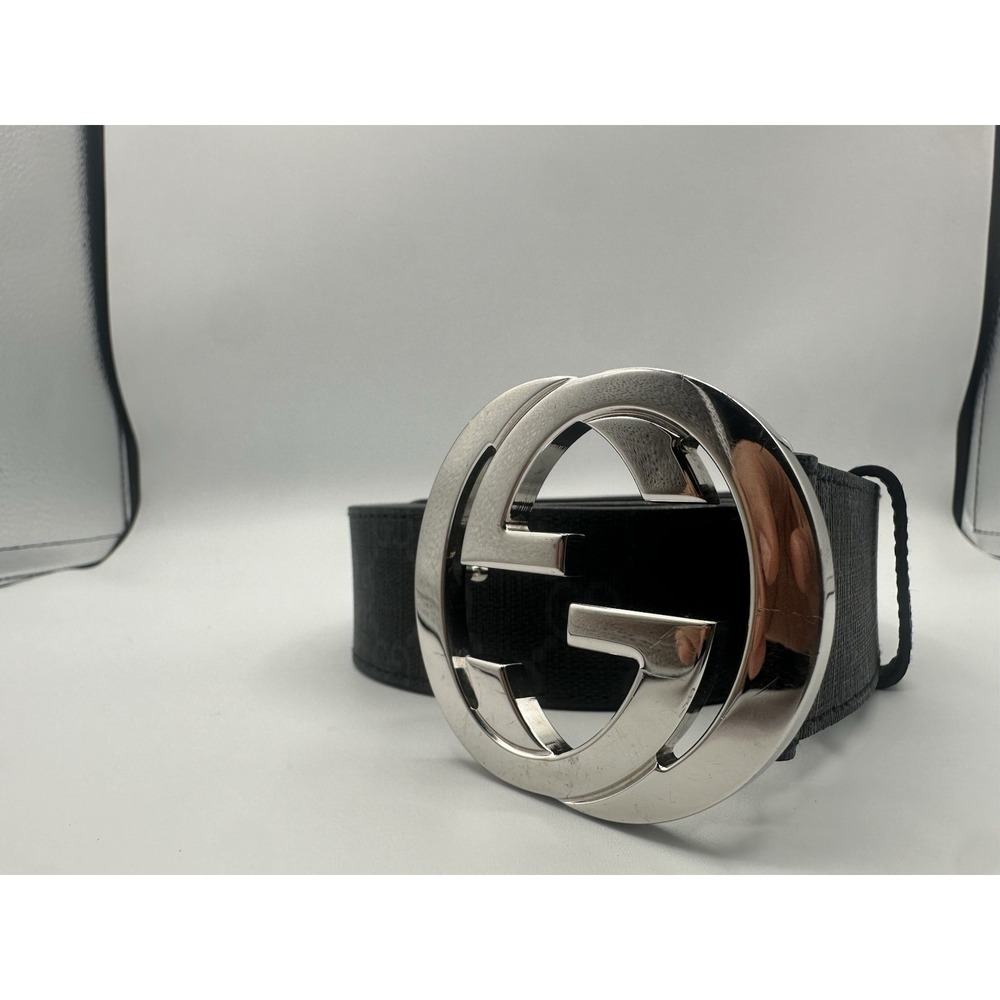 Gucci Man  Black GG Silver Tone Monogram Leather Belt Size 33 - Picture 2 of 7